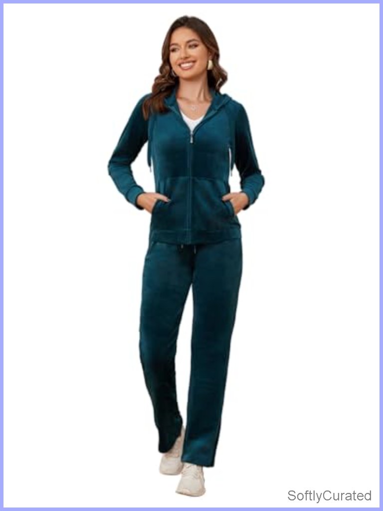 Women's Velour Tracksuit 2 Piece Full Zip Hooded Sweatsuit Velvet Jogging Set